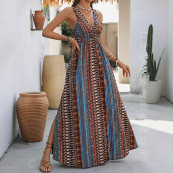 Spot Amazon Tiktoktemu európai és amerikai ruházati új nyári stílusú V-nyakú hosszú ruha határokon átnyúló