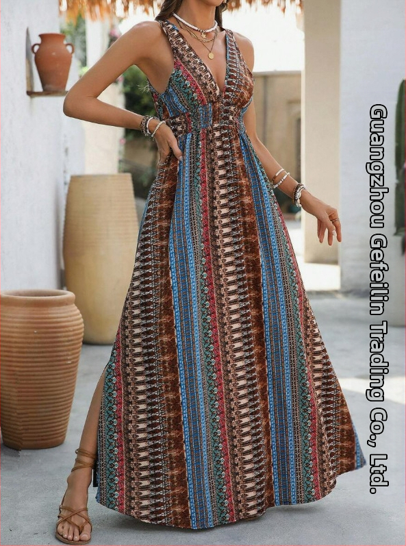 Spot Amazon Tiktoktemu európai és amerikai ruházati új nyári stílusú V-nyakú hosszú ruha határokon átnyúló