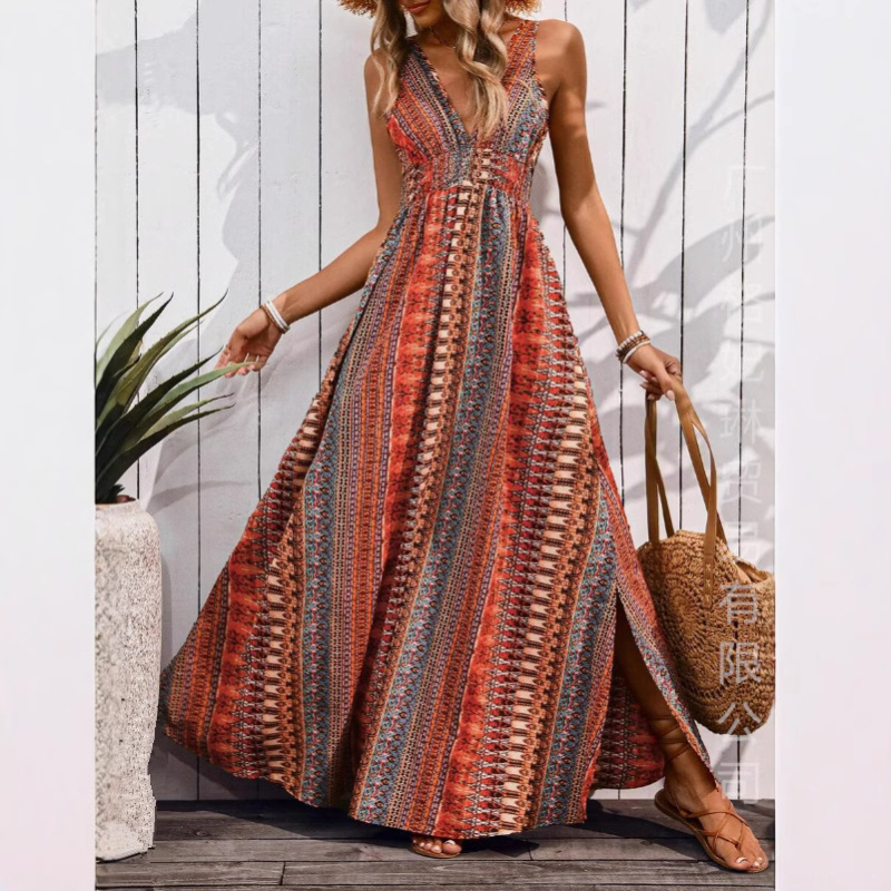 Spot Amazon Tiktoktemu európai és amerikai ruházati új nyári stílusú V-nyakú hosszú ruha határokon átnyúló