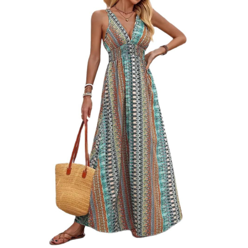 Spot Amazon Tiktoktemu európai és amerikai ruházati új nyári stílusú V-nyakú hosszú ruha határokon átnyúló