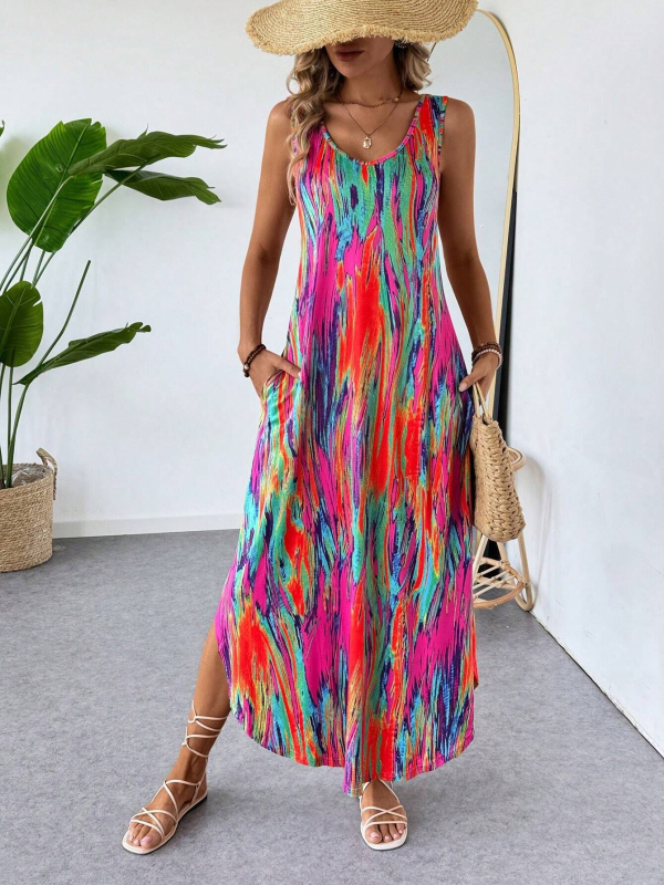 Raktáron lévő, határokon átnyúló, Amazon független oldalról származó, európai és amerikai női divatos, virágmintás, dupla hasítékos, hosszú fazonú, nyitott hasítékos ruha