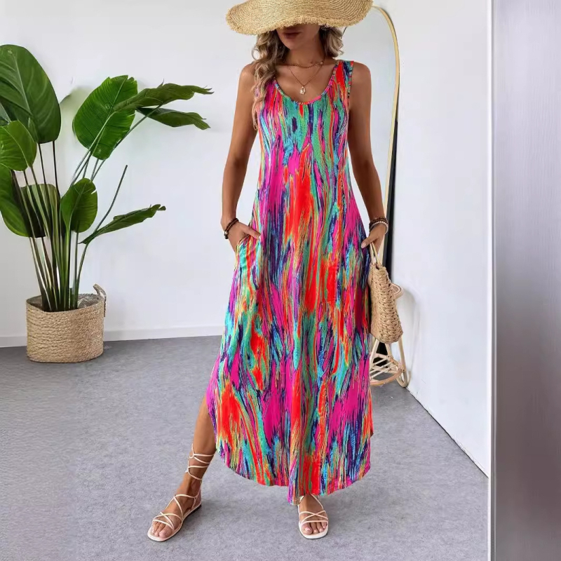 Raktáron lévő, határokon átnyúló, Amazon független oldalról származó, európai és amerikai női divatos, virágmintás, dupla hasítékos, hosszú fazonú, nyitott hasítékos ruha