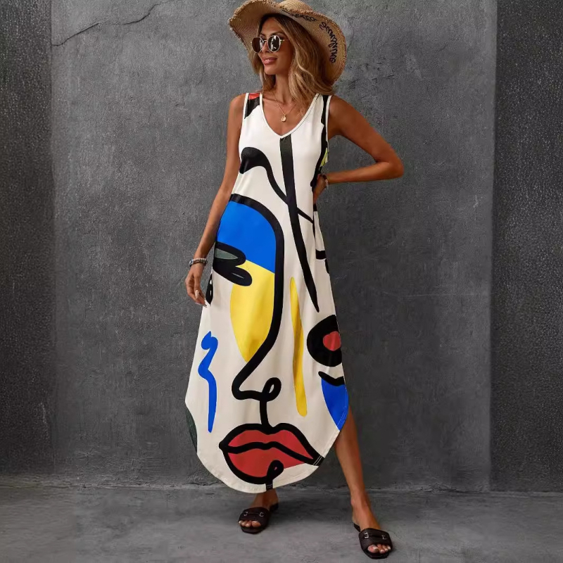 Raktáron lévő, határokon átnyúló, Amazon független oldalról származó, európai és amerikai női divatos, virágmintás, dupla hasítékos, hosszú fazonú, nyitott hasítékos ruha