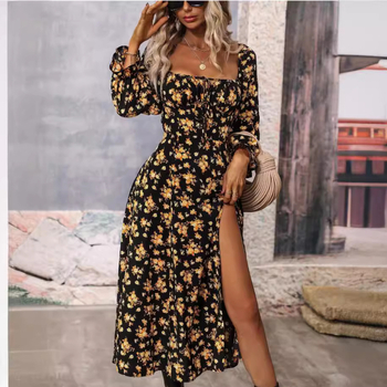 Gyári közvetlen értékesítésű Amazon 2023 tavaszi új nyomtatott hasított szögletes gallérú karcsúsított divatos hosszú ujjú ruha