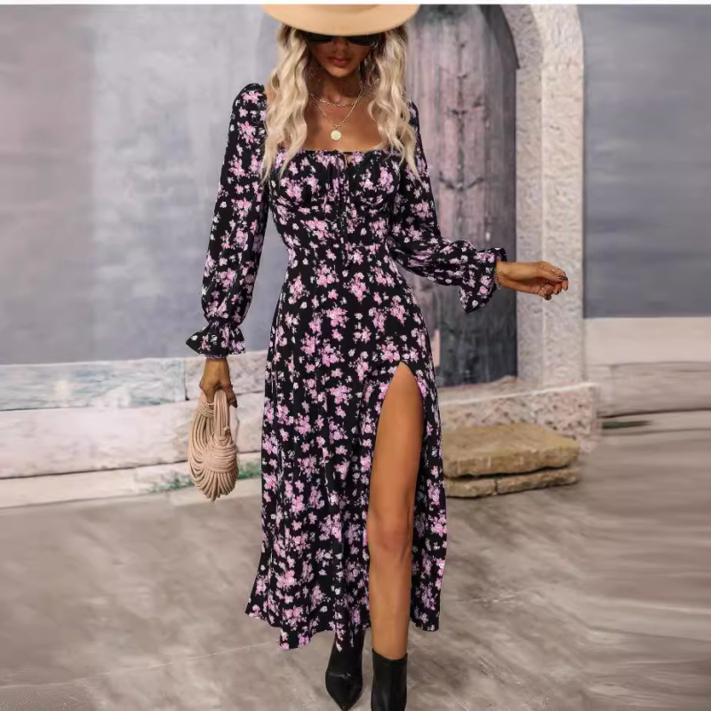 Gyári közvetlen értékesítésű Amazon 2023 tavaszi új nyomtatott hasított szögletes gallérú karcsúsított divatos hosszú ujjú ruha
