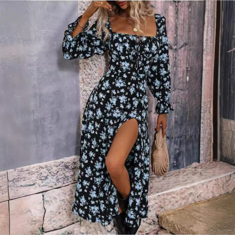 Gyári közvetlen értékesítésű Amazon 2023 tavaszi új nyomtatott hasított szögletes gallérú karcsúsított divatos hosszú ujjú ruha