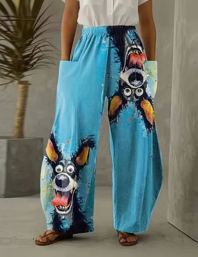 Ευρωπαϊκό και αμερικανικό κορεατικό γυναικείο παντελόνι διπλής τσέπης χαλαρό ώριμο δημιουργικό κουτάβι τέχνης casual ένδυση 3D ψηφιακή εκτύπωση