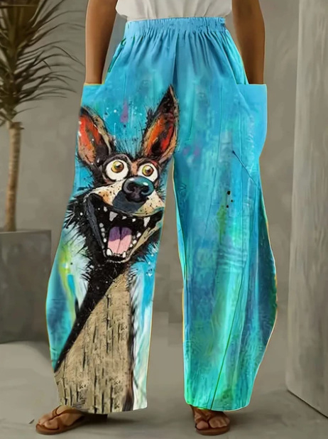 Ευρωπαϊκό και αμερικανικό κορεατικό γυναικείο παντελόνι διπλής τσέπης χαλαρό ώριμο δημιουργικό κουτάβι τέχνης casual ένδυση 3D ψηφιακή εκτύπωση