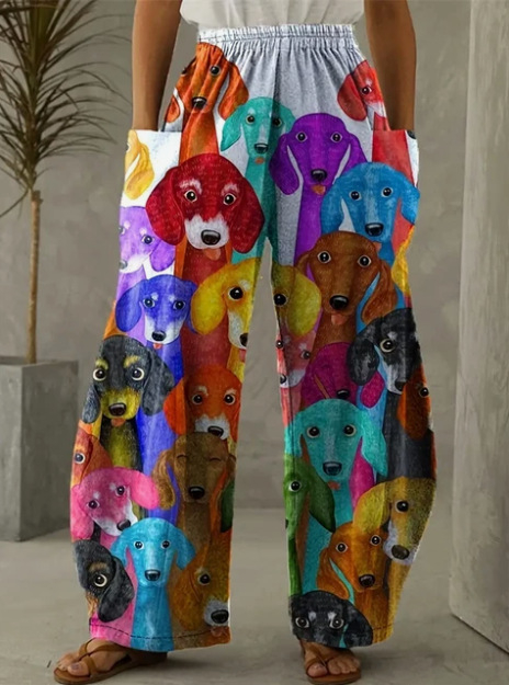 Ευρωπαϊκό και αμερικανικό κορεατικό γυναικείο παντελόνι διπλής τσέπης χαλαρό ώριμο δημιουργικό κουτάβι τέχνης casual ένδυση 3D ψηφιακή εκτύπωση