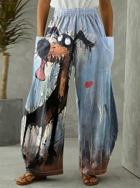 Ευρωπαϊκό και αμερικανικό κορεατικό γυναικείο παντελόνι διπλής τσέπης χαλαρό ώριμο δημιουργικό κουτάβι τέχνης casual ένδυση 3D ψηφιακή εκτύπωση