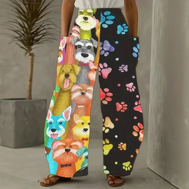 Ευρωπαϊκό και αμερικανικό κορεατικό γυναικείο παντελόνι διπλής τσέπης χαλαρό ώριμο δημιουργικό κουτάβι τέχνης casual ένδυση 3D ψηφιακή εκτύπωση