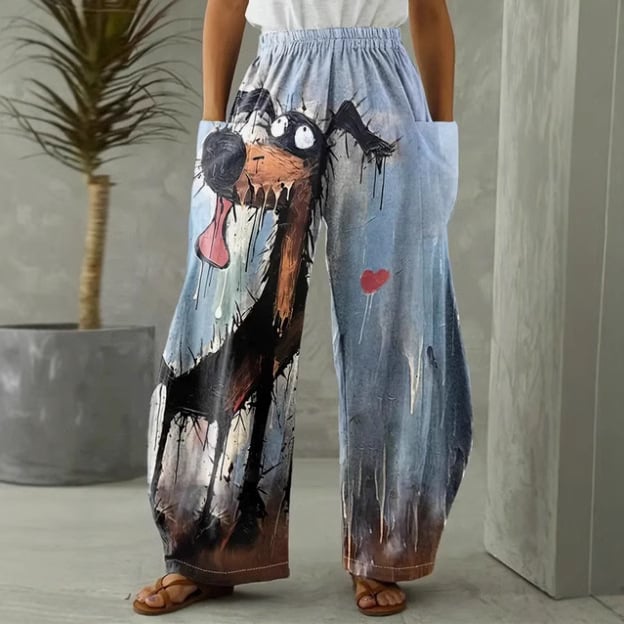 Ευρωπαϊκό και αμερικανικό κορεατικό γυναικείο παντελόνι διπλής τσέπης χαλαρό ώριμο δημιουργικό κουτάβι τέχνης casual ένδυση 3D ψηφιακή εκτύπωση