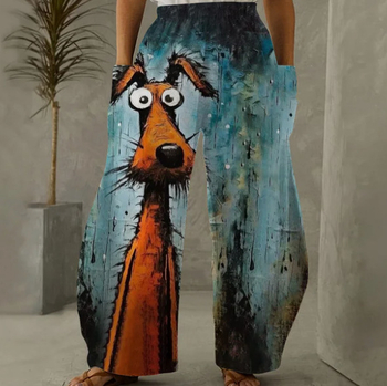 Európai, amerikai és koreai női nadrágok, dupla zsebes, laza színű, kreatív, kiskutyaművészeti, divatos viselet, 3D digitális nyomtatással