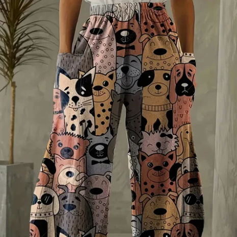 Európai, amerikai és koreai női nadrágok, dupla zsebes, laza színű, kreatív, kiskutyaművészeti, divatos viselet, 3D digitális nyomtatással