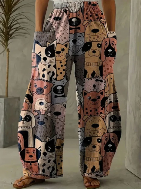 Európai, amerikai és koreai női nadrágok, dupla zsebes, laza színű, kreatív, kiskutyaművészeti, divatos viselet, 3D digitális nyomtatással