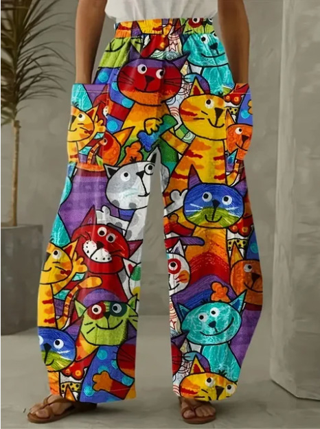 Európai, amerikai és koreai női nadrágok, dupla zsebes, laza színű, kreatív, kiskutyaművészeti, divatos viselet, 3D digitális nyomtatással