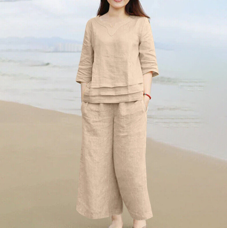 Spot 2024 Határokon átnyúló Amazon Aliexpress európai és amerikai ruházat Új pamut és lenvászon hétköznapi laza, tiszta színű kétrészes szett nőknek