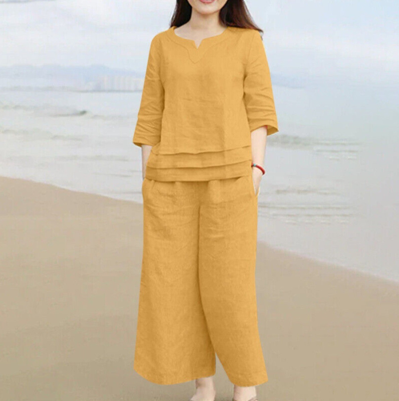 Spot 2024 Határokon átnyúló Amazon Aliexpress európai és amerikai ruházat Új pamut és lenvászon hétköznapi laza, tiszta színű kétrészes szett nőknek