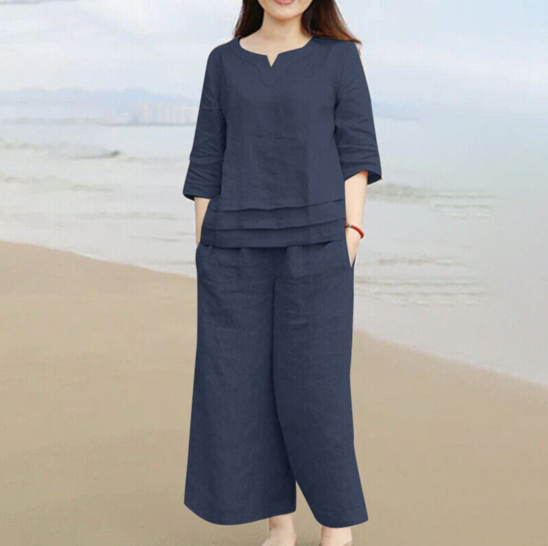 Spot 2024 Határokon átnyúló Amazon Aliexpress európai és amerikai ruházat Új pamut és lenvászon hétköznapi laza, tiszta színű kétrészes szett nőknek