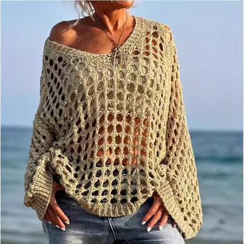 Európa és az Egyesült Államok határokon átnyúló Amazon új divatos, bő, hosszú ujjú, kerek nyakú, üreges kabát, egyszínű pulóver, női