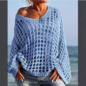 Európa és az Egyesült Államok határokon átnyúló Amazon új divatos, bő, hosszú ujjú, kerek nyakú, üreges kabát, egyszínű pulóver, női