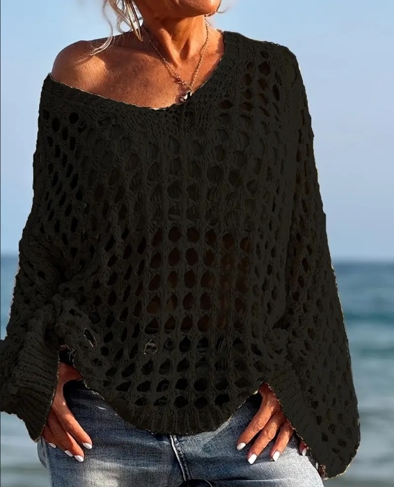 Európa és az Egyesült Államok határokon átnyúló Amazon új divatos, bő, hosszú ujjú, kerek nyakú, üreges kabát, egyszínű pulóver, női