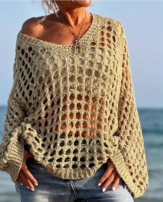 Európa és az Egyesült Államok határokon átnyúló Amazon új divatos, bő, hosszú ujjú, kerek nyakú, üreges kabát, egyszínű pulóver, női