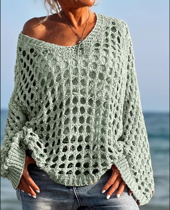 Európa és az Egyesült Államok határokon átnyúló Amazon új divatos, bő, hosszú ujjú, kerek nyakú, üreges kabát, egyszínű pulóver, női