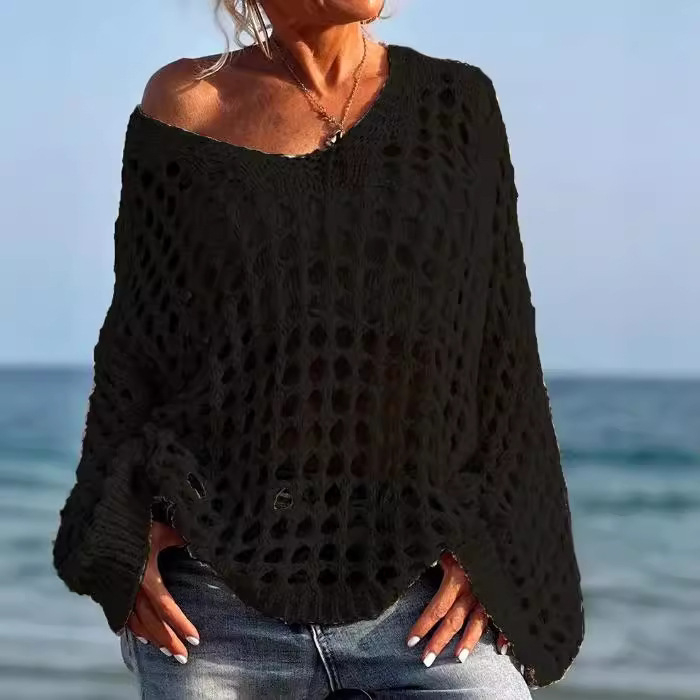 Európa és az Egyesült Államok határokon átnyúló Amazon új divatos, bő, hosszú ujjú, kerek nyakú, üreges kabát, egyszínű pulóver, női