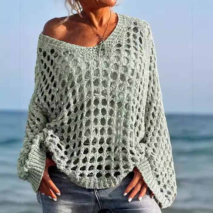 Európa és az Egyesült Államok határokon átnyúló Amazon új divatos, bő, hosszú ujjú, kerek nyakú, üreges kabát, egyszínű pulóver, női