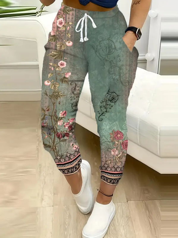 Etnikai stílusú 3D digitális nyomtatású amerikai stílusú női tavaszi és őszi új, magas derekú, dape nadrág, alkalmi, széles szárú sportnadrág, ML1