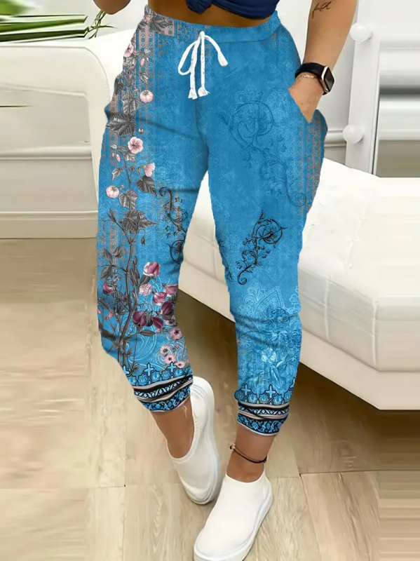 Etnikai stílusú 3D digitális nyomtatású amerikai stílusú női tavaszi és őszi új, magas derekú, dape nadrág, alkalmi, széles szárú sportnadrág, ML1