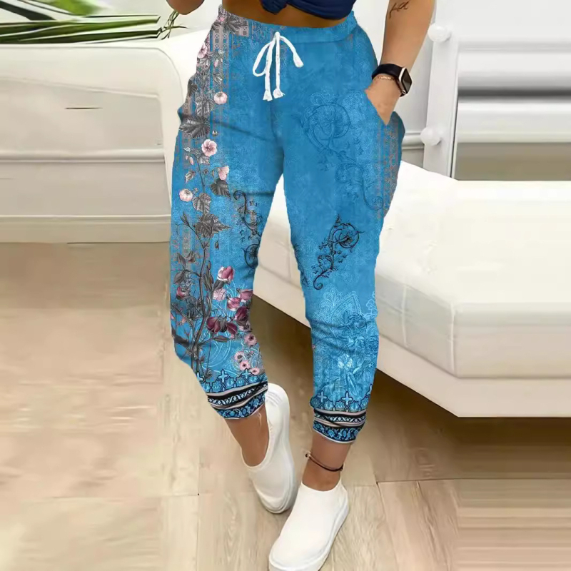 Etnikai stílusú 3D digitális nyomtatású amerikai stílusú női tavaszi és őszi új, magas derekú, dape nadrág, alkalmi, széles szárú sportnadrág, ML1