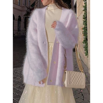 Gyengéd stílusú, puha, viaszos, nyugati stílusú, nercmintás, kasmírmintás pulóverkabát, női őszi-téli, középhosszú, bő, lusta kötött kardigán