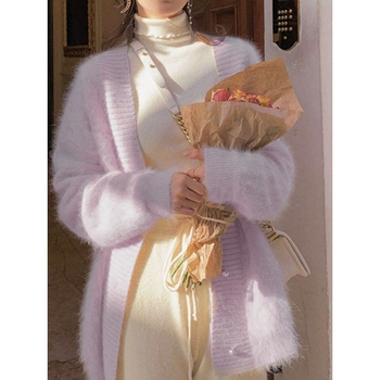 Gyengéd stílusú, puha, viaszos, nyugati stílusú, nercmintás, kasmírmintás pulóverkabát, női őszi-téli, középhosszú, bő, lusta kötött kardigán