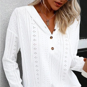 Európai és amerikai Amazon 2023 őszi egyszínű üreges kötött gombos kapucnis női hosszú ujjú pulóver póló