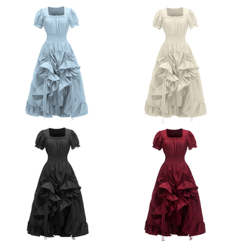 Amazoni ristkülikukujuline retro-renessanss-ruudukujuline kraega lühikeste varrukatega kleit, keskaegne pastoraalne cospla-kleit