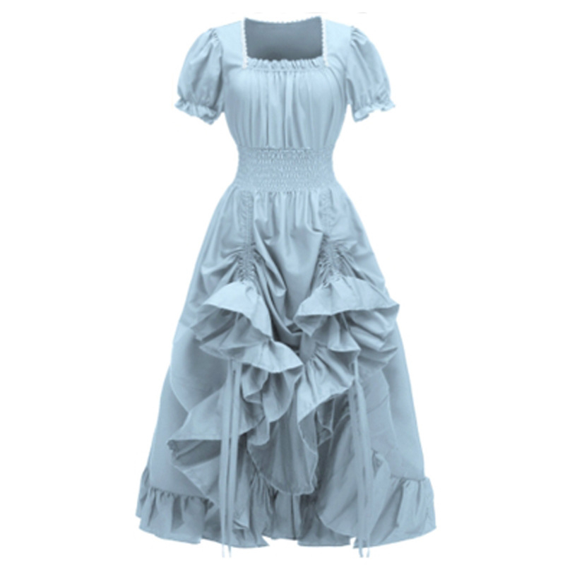 Amazoni ristkülikukujuline retro-renessanss-ruudukujuline kraega lühikeste varrukatega kleit, keskaegne pastoraalne cospla-kleit