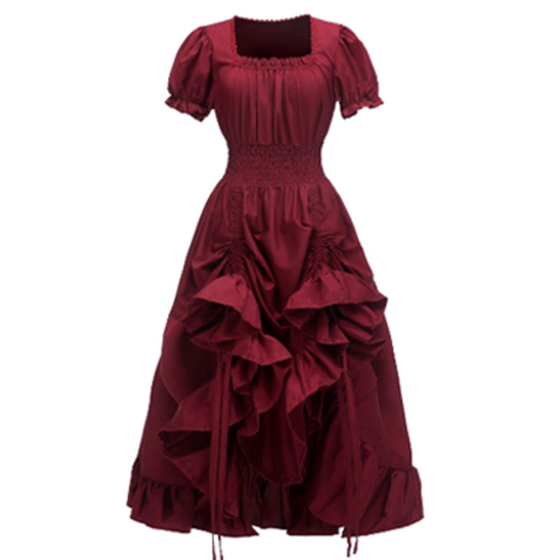 Amazoni ristkülikukujuline retro-renessanss-ruudukujuline kraega lühikeste varrukatega kleit, keskaegne pastoraalne cospla-kleit