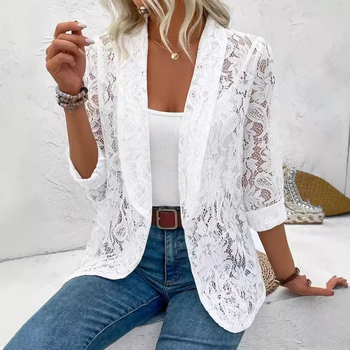 Határokon átnyúló tavaszi-nyári kis öltöny, mindenhez illő, egyszínű, csipkezakó, női öltönyzakó, kardigán, női felső, üreges fehér