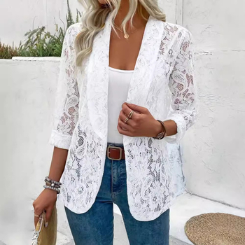 Határokon átnyúló tavaszi-nyári kis öltöny, mindenhez illő, egyszínű, csipkezakó, női öltönyzakó, kardigán, női felső, üreges fehér
