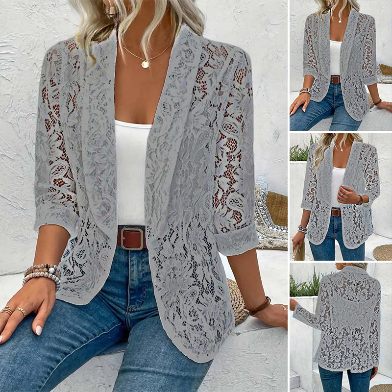 Határokon átnyúló tavaszi-nyári kis öltöny, mindenhez illő, egyszínű, csipkezakó, női öltönyzakó, kardigán, női felső, üreges fehér