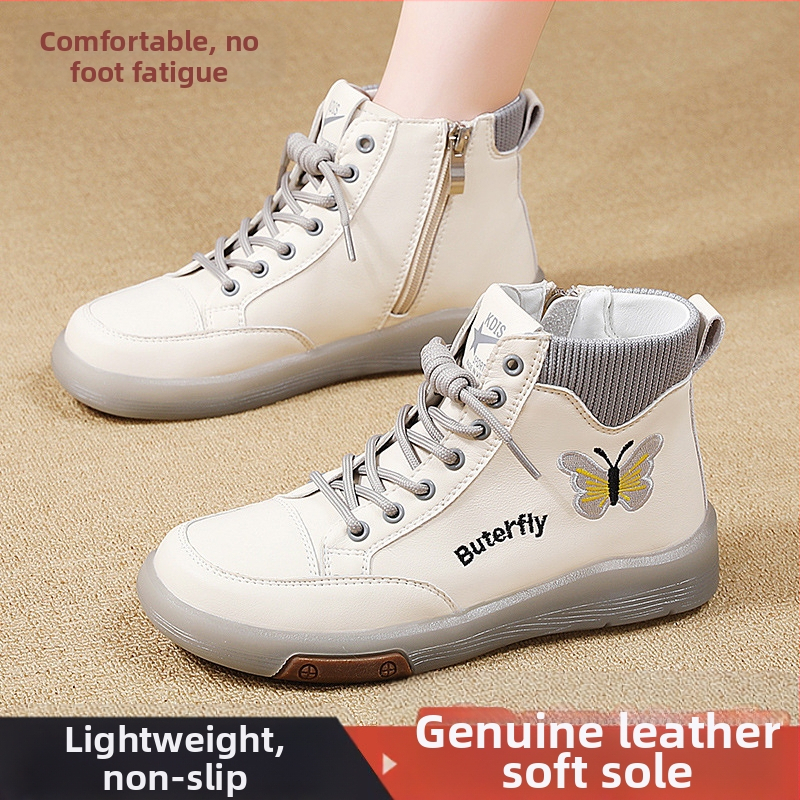 Valódi bőr Martin csizma női 2024 új őszi és téli magas szárú marhahús talpú női cipők puha talpú gyapjúbéléssel középkori anya bokacsizma