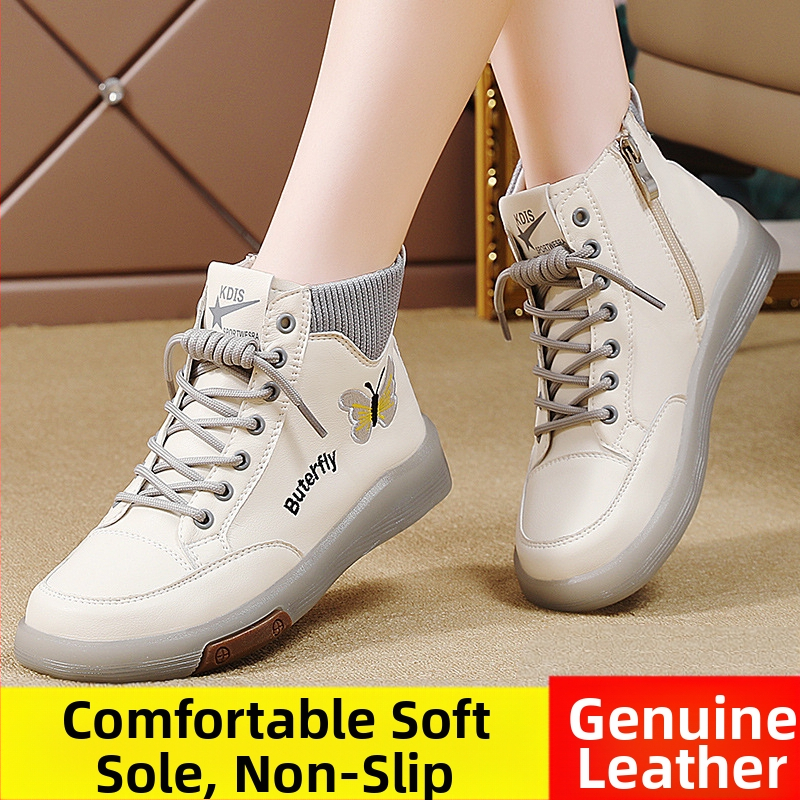 Valódi bőr Martin csizma női 2024 új őszi és téli magas szárú marhahús talpú női cipők puha talpú gyapjúbéléssel középkori anya bokacsizma