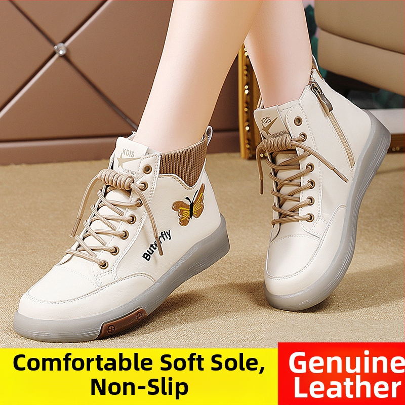 Valódi bőr Martin csizma női 2024 új őszi és téli magas szárú marhahús talpú női cipők puha talpú gyapjúbéléssel középkori anya bokacsizma