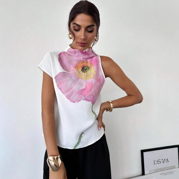 Jellegzetes, félmagas gallérú, divatos, mintás póló, 2024-es téli új divat, szabálytalan vállú, rövid ujjú pulóver felső