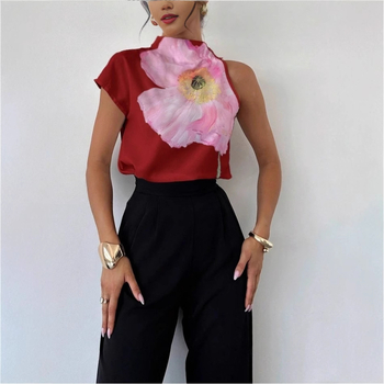 Jellegzetes, félmagas gallérú, divatos, mintás póló, 2024-es téli új divat, szabálytalan vállú, rövid ujjú pulóver felső