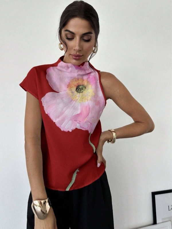 Jellegzetes, félmagas gallérú, divatos, mintás póló, 2024-es téli új divat, szabálytalan vállú, rövid ujjú pulóver felső