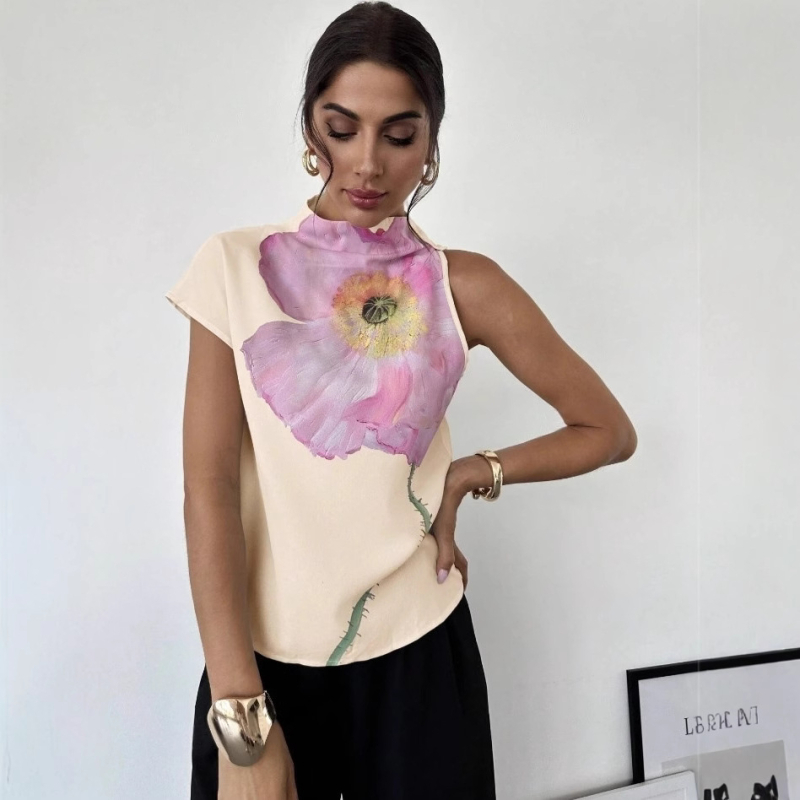 Jellegzetes, félmagas gallérú, divatos, mintás póló, 2024-es téli új divat, szabálytalan vállú, rövid ujjú pulóver felső