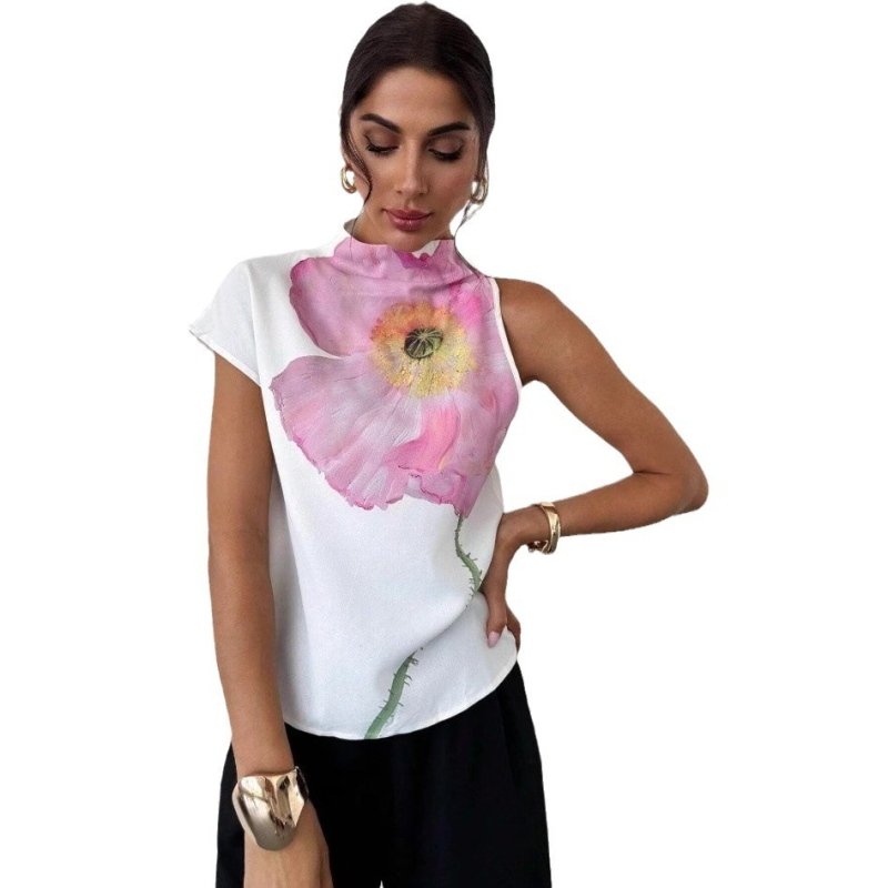 Jellegzetes, félmagas gallérú, divatos, mintás póló, 2024-es téli új divat, szabálytalan vállú, rövid ujjú pulóver felső